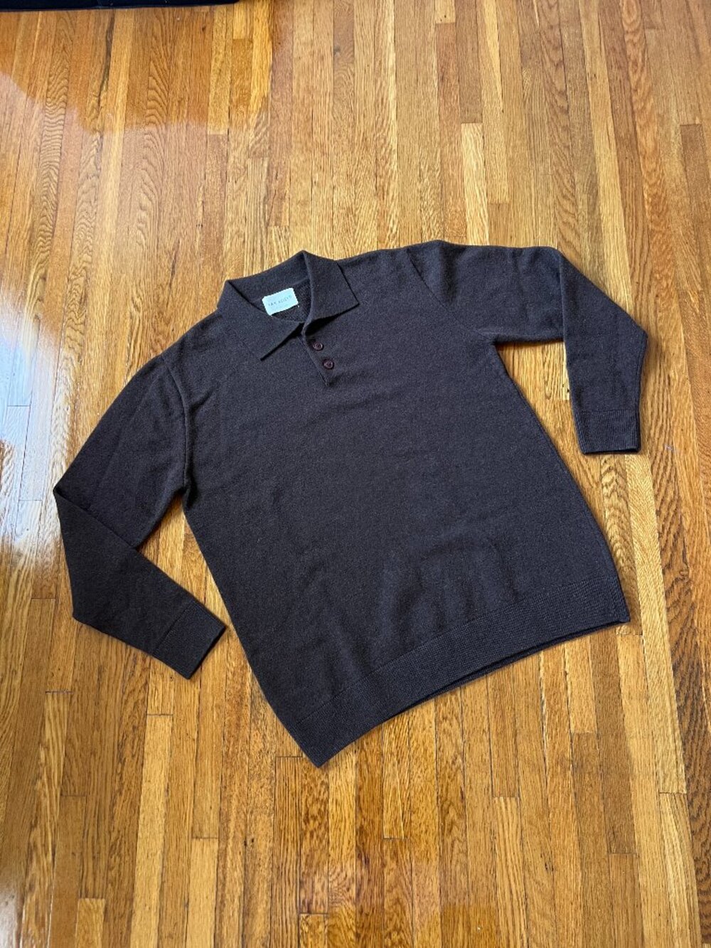 Far Afield Knit Wool Brown Long-Sleeved Collared Polo Shirt - Men's Large / 3